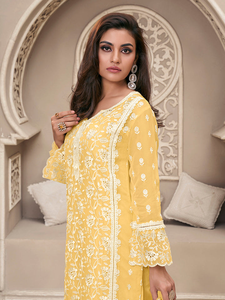 Yellow Organza Fabric with Shiffli work Kurta Suit Set Product vendor