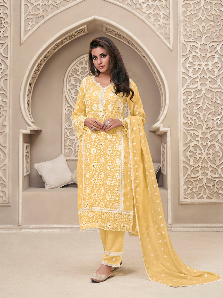 Yellow Organza Fabric with Shiffli work Kurta Suit Set Product vendor