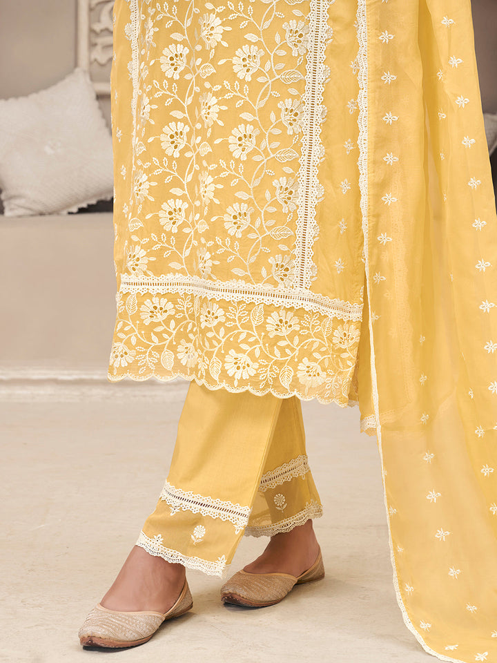 Yellow Organza Fabric with Shiffli work Kurta Suit Set Product vendor