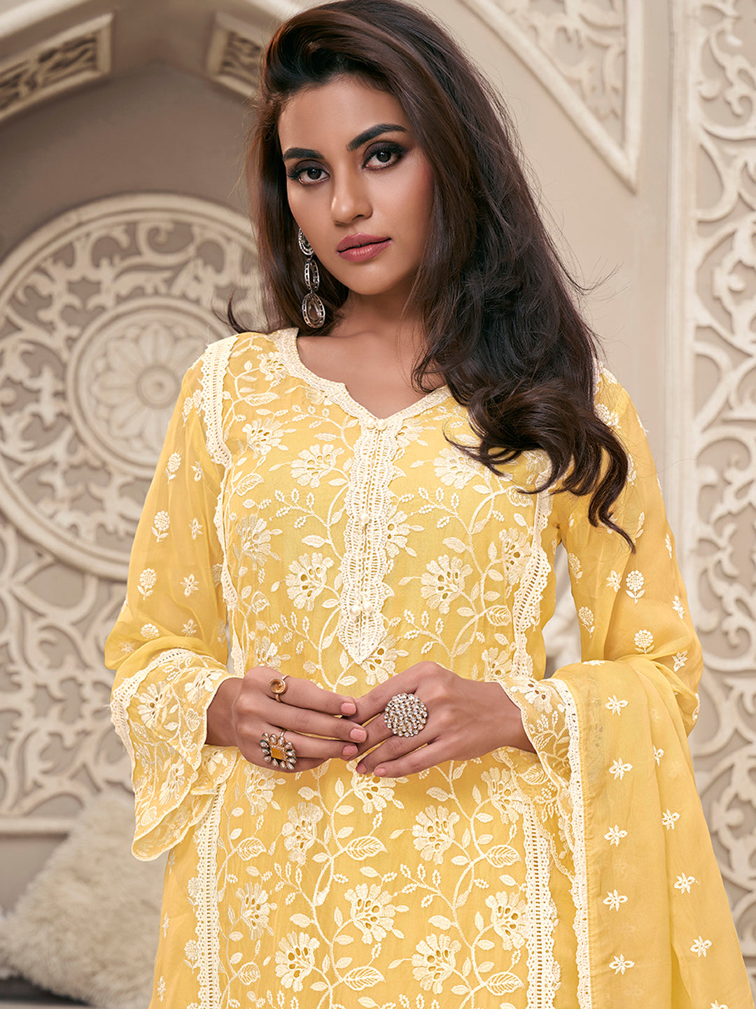 Yellow Organza Fabric with Shiffli work Kurta Suit Set Product vendor