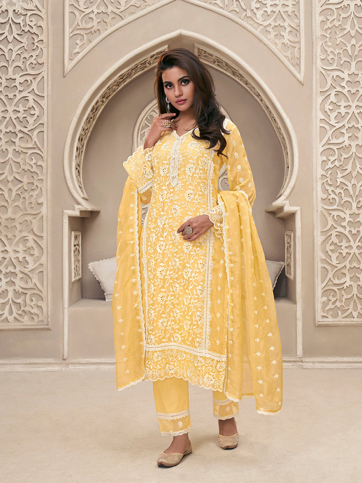 Yellow Organza Fabric with Shiffli work Kurta Suit Set Product vendor