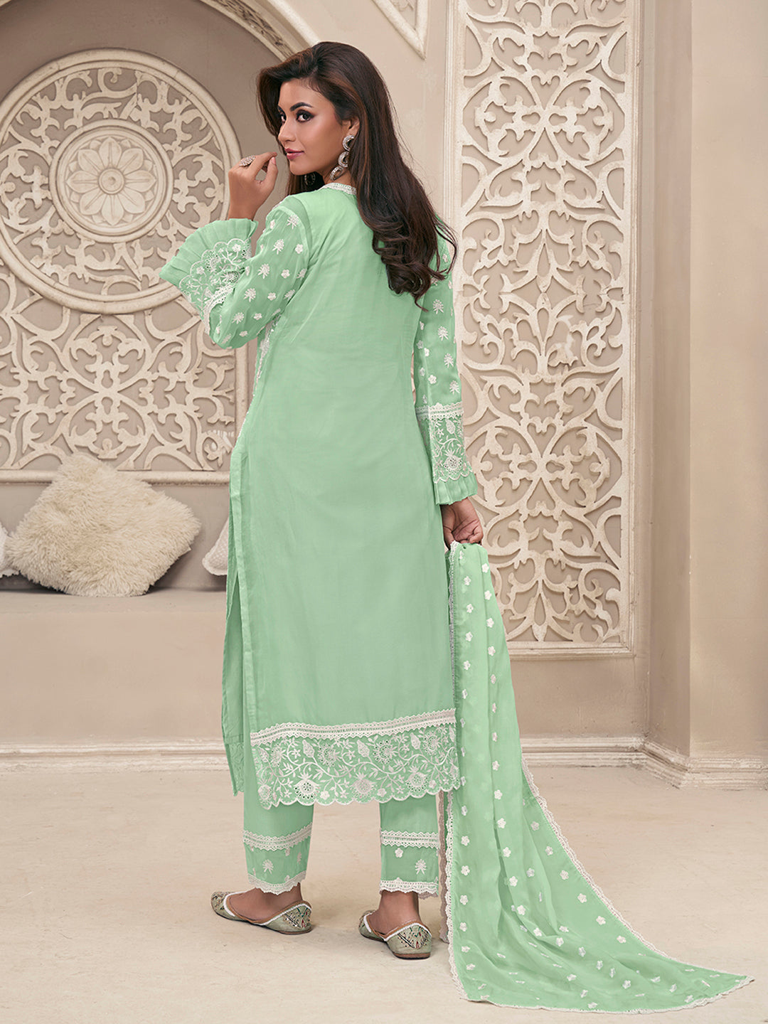 Green Organza Fabric with Shiffli work Kurta Suit Set Product vendor