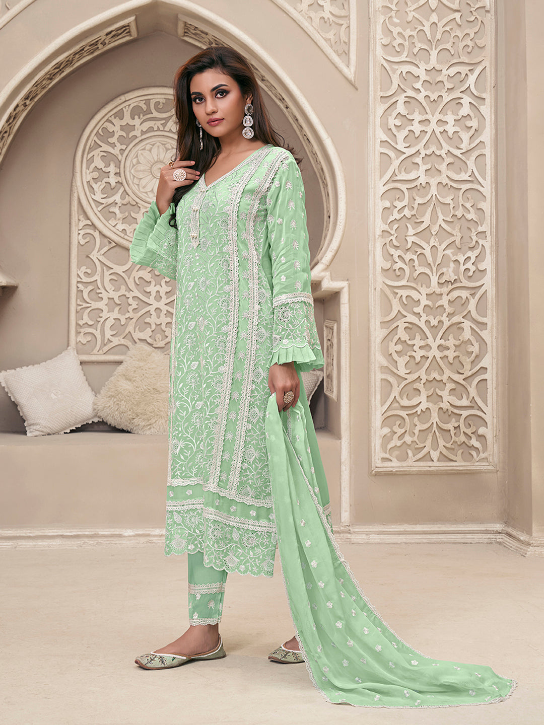 Green Organza Fabric with Shiffli work Kurta Suit Set Product vendor