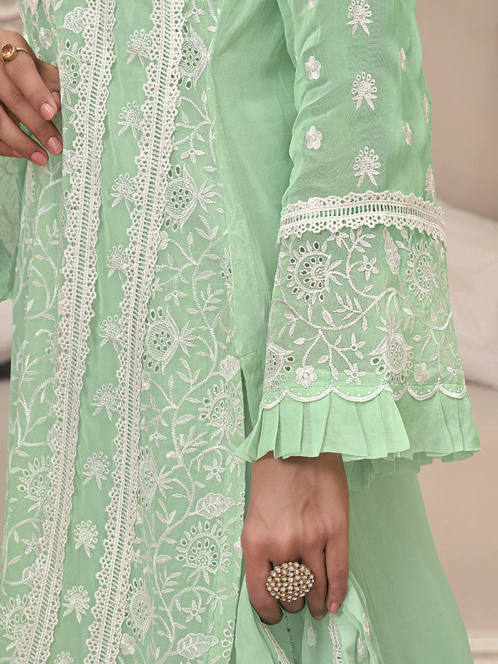 Green Organza Fabric with Shiffli work Kurta Suit Set Product vendor