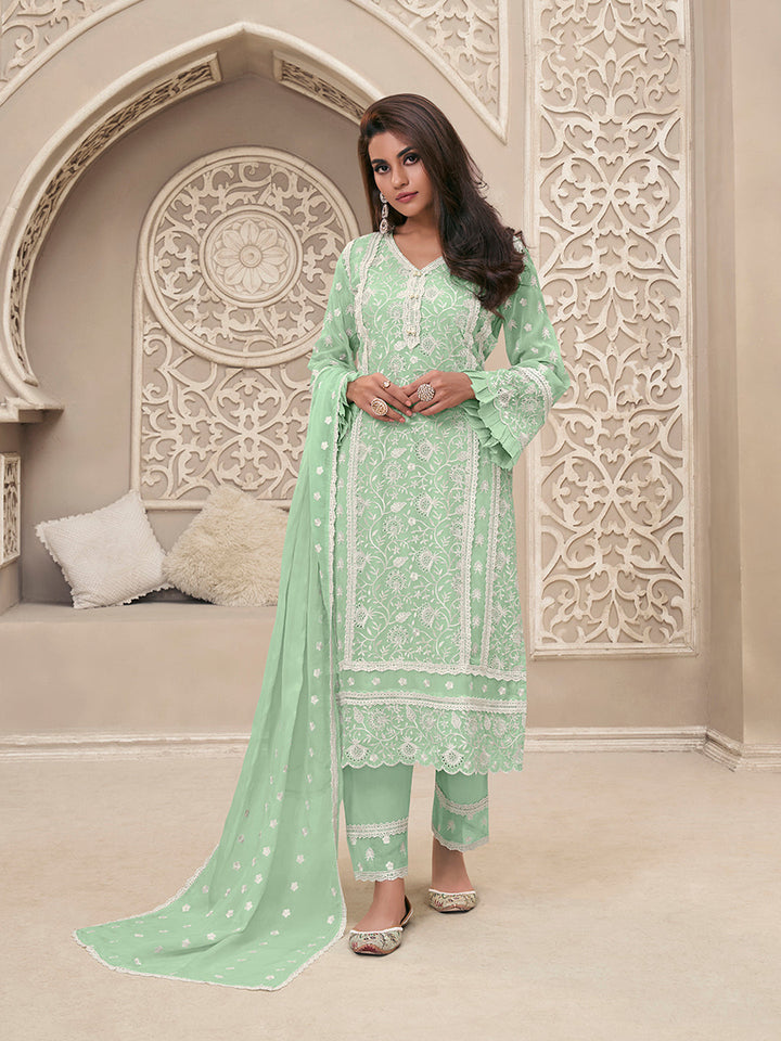 Green Organza Fabric with Shiffli work Kurta Suit Set Product vendor