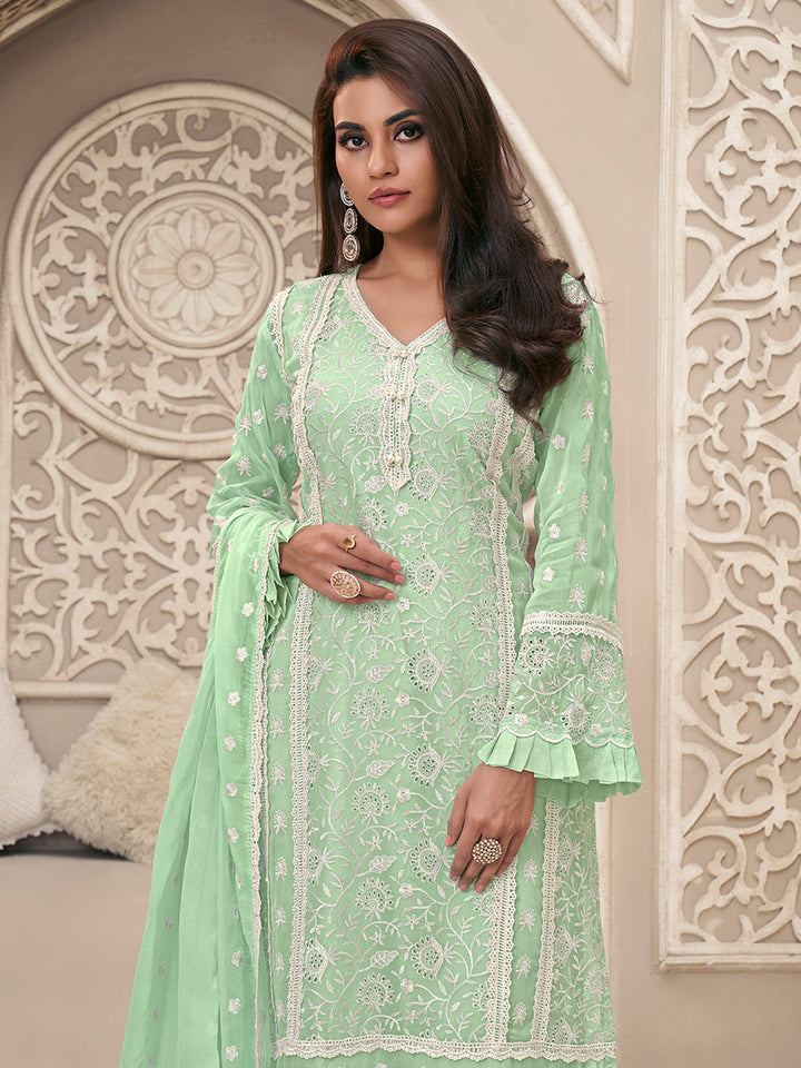 Green Organza Fabric with Shiffli work Kurta Suit Set Product vendor