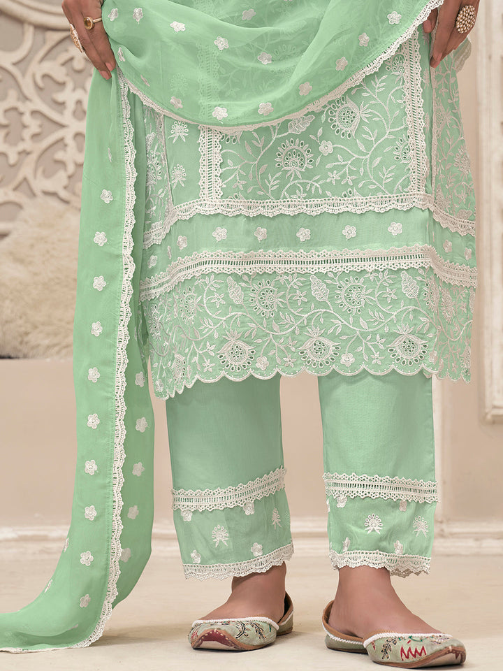 Green Organza Fabric with Shiffli work Kurta Suit Set Product vendor