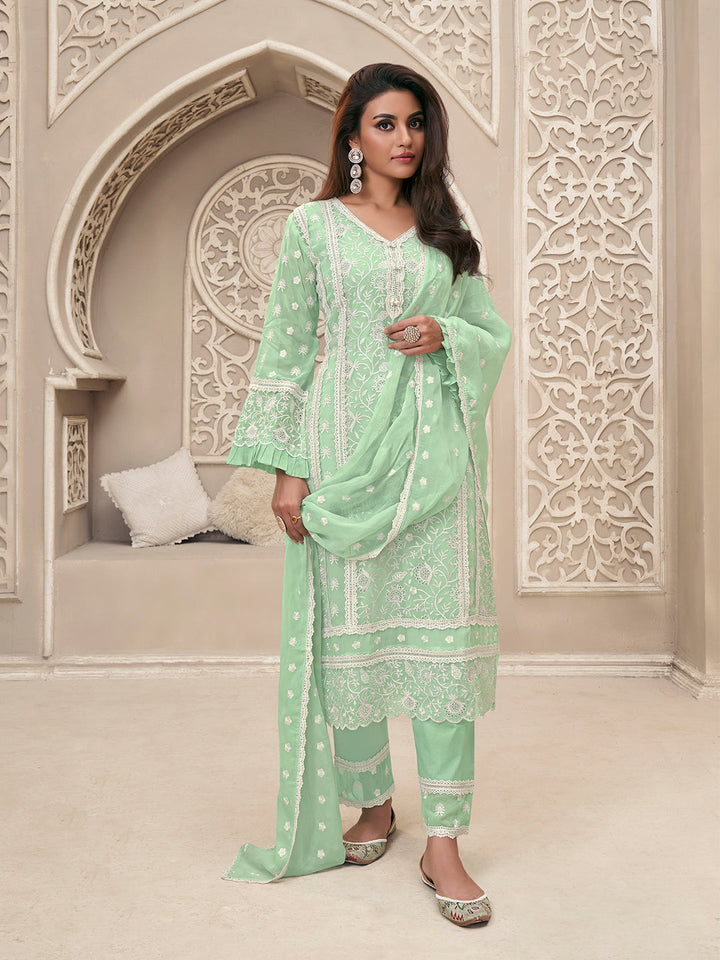 Green Organza Fabric with Shiffli work Kurta Suit Set Product vendor