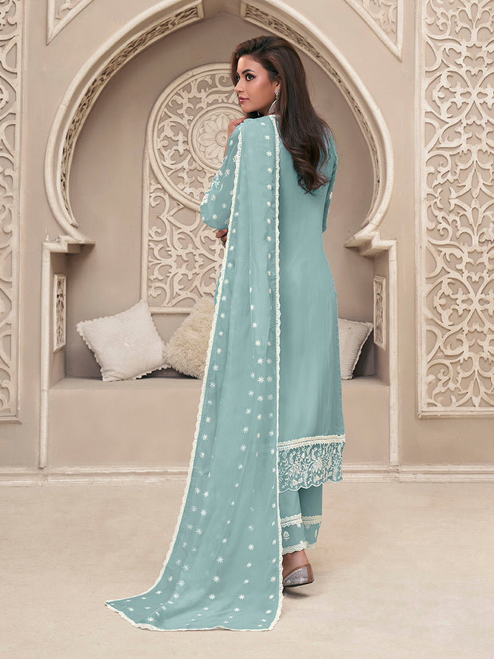 Blue Organza Fabric with Shiffli work Kurta Suit Set Product vendor