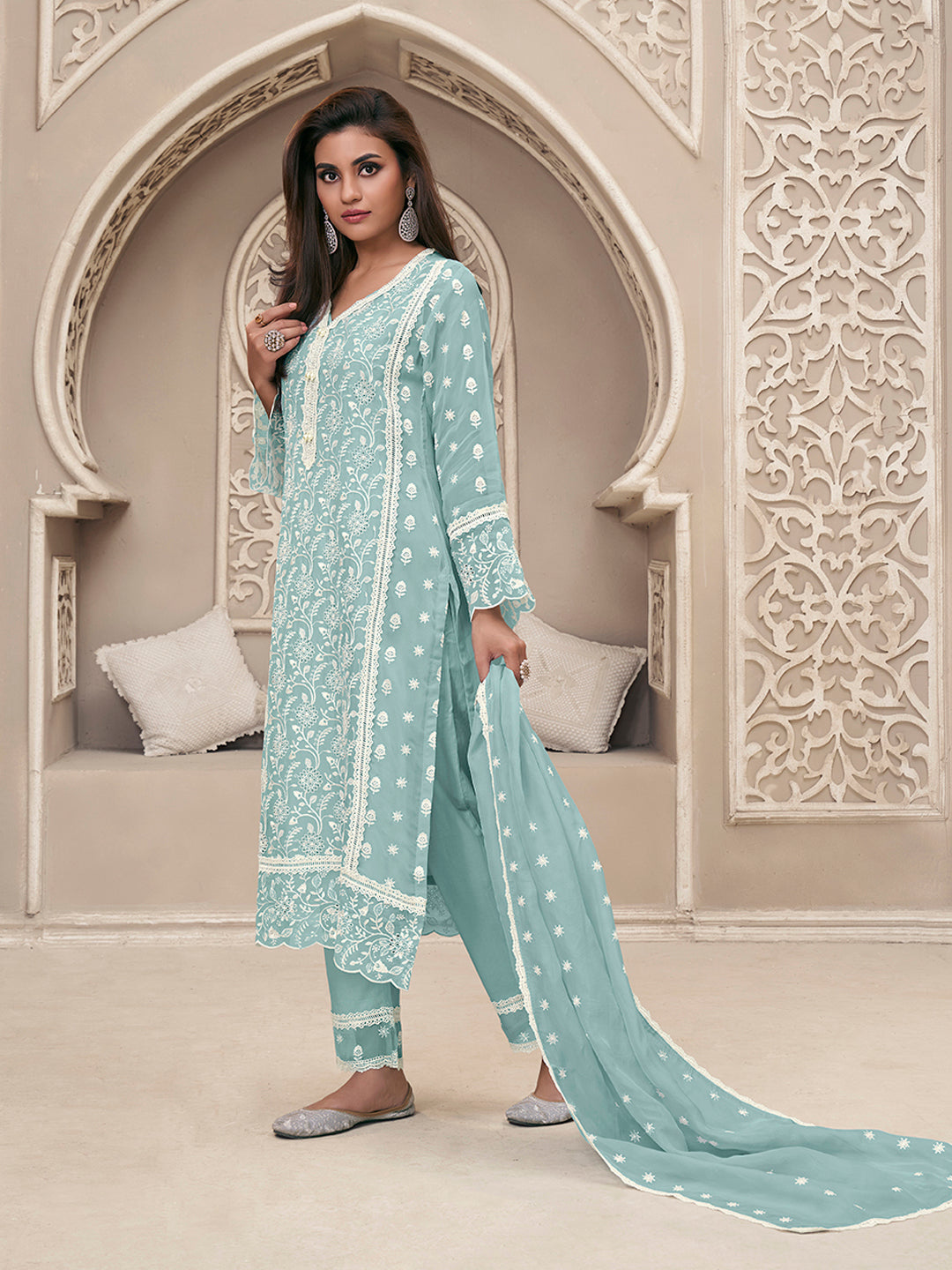 Blue Organza Fabric with Shiffli work Kurta Suit Set Product vendor