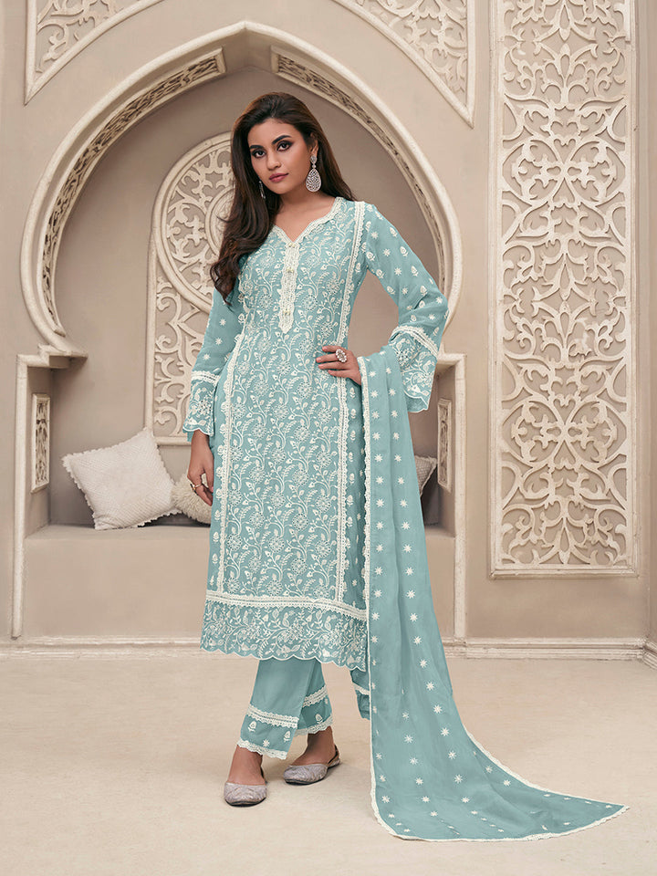 Blue Organza Fabric with Shiffli work Kurta Suit Set Product vendor