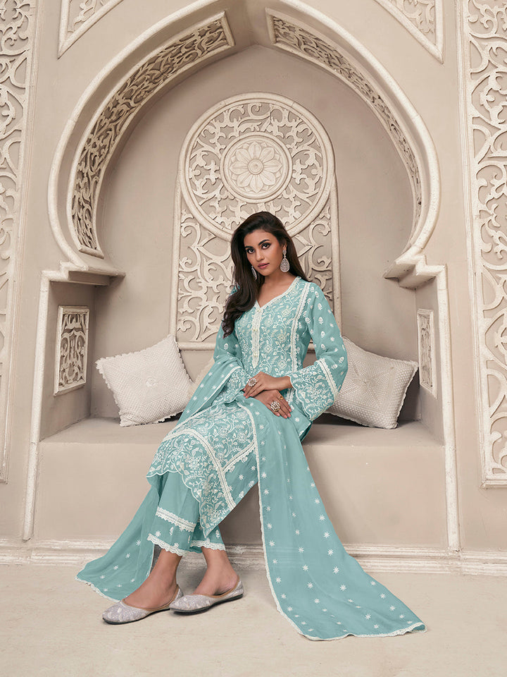 Blue Organza Fabric with Shiffli work Kurta Suit Set Product vendor