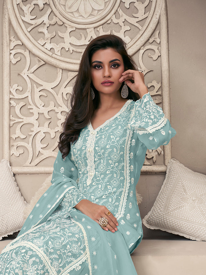 Blue Organza Fabric with Shiffli work Kurta Suit Set Product vendor