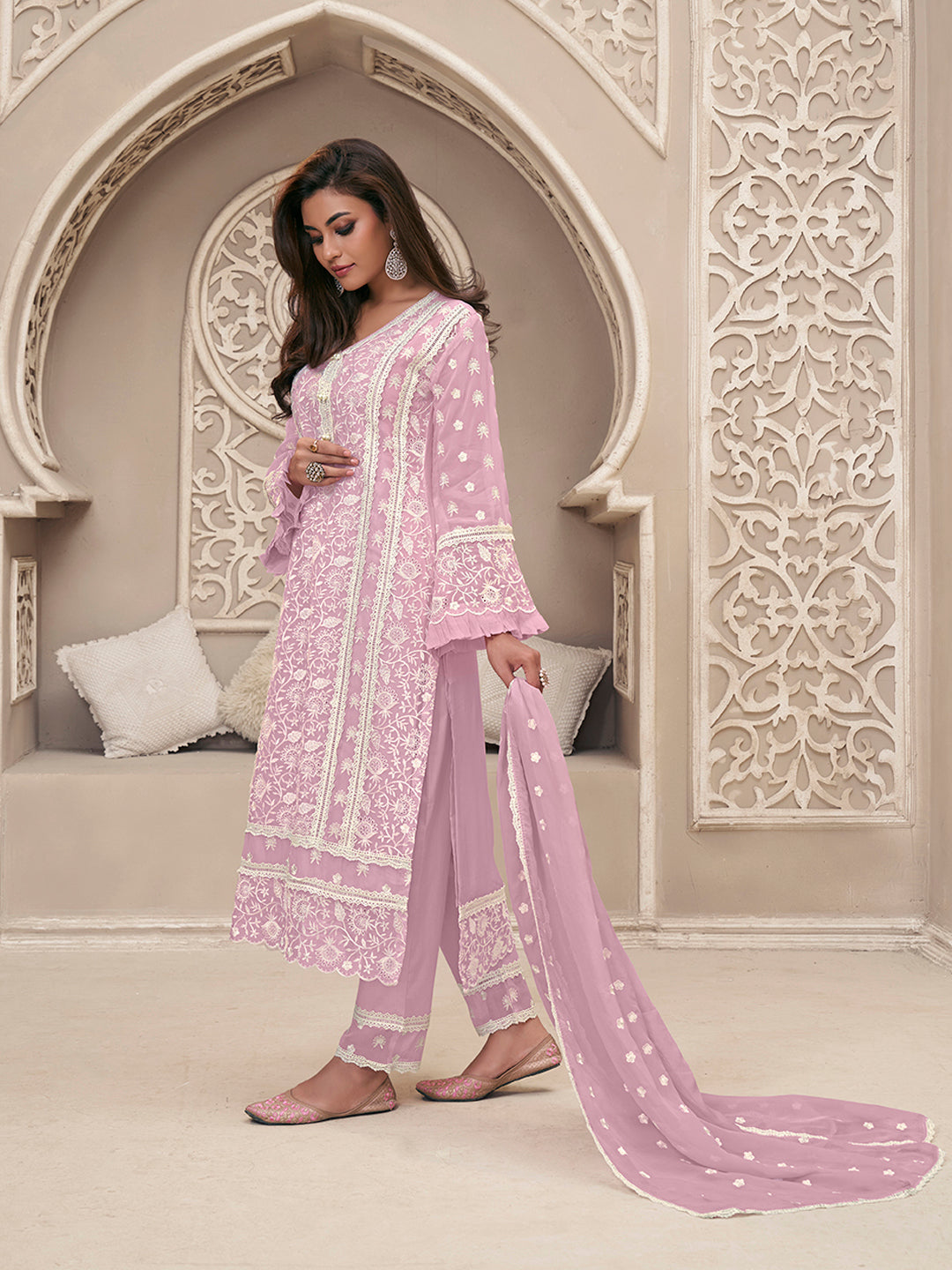 Leavender Organza Fabric with Shiffli work Kurta Suit Set Product vendor