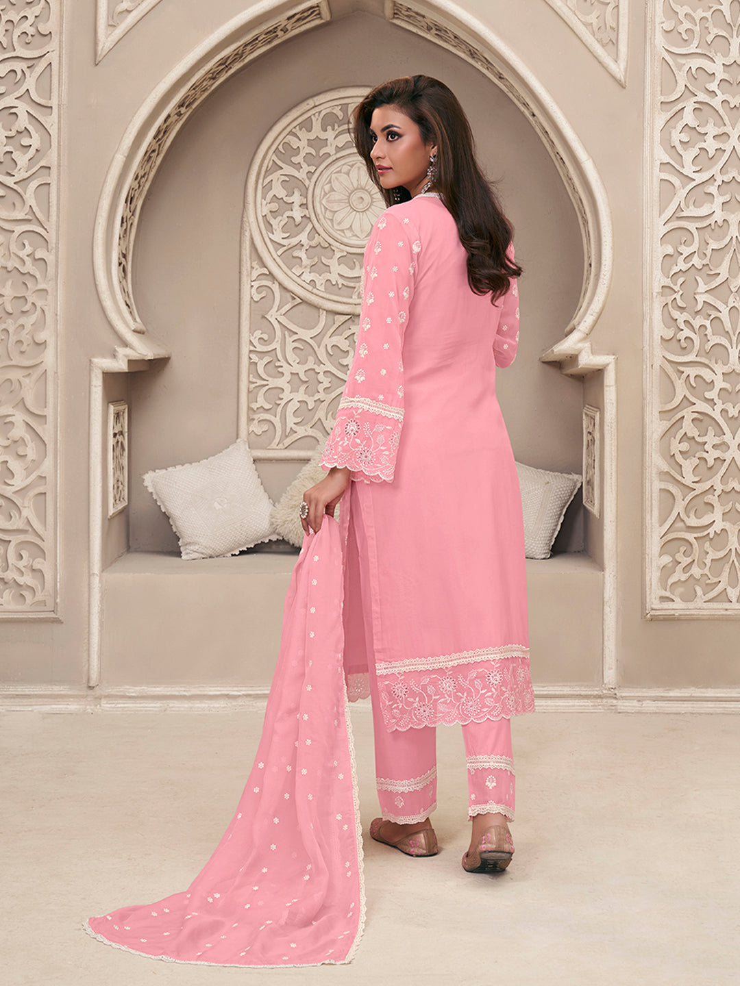 Pink Organza Fabric with Shiffli work Kurta Suit Set Product vendor