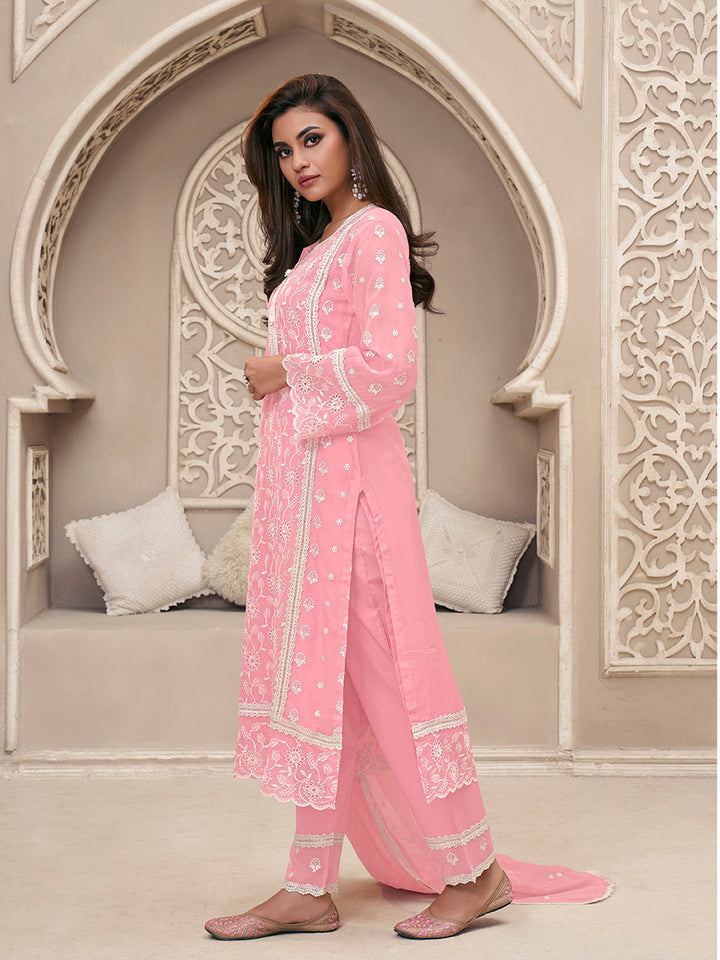 Pink Organza Fabric with Shiffli work Kurta Suit Set Product vendor