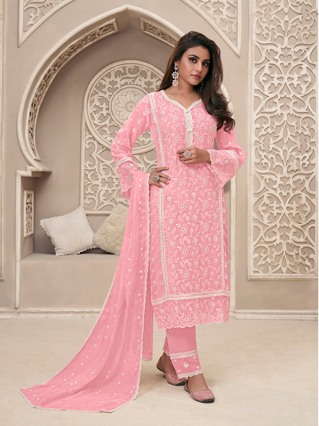 Pink Organza Fabric with Shiffli work Kurta Suit Set Product vendor