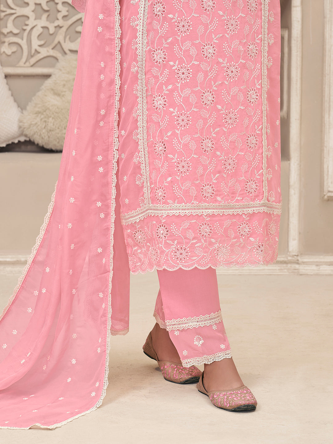 Pink Organza Fabric with Shiffli work Kurta Suit Set Product vendor