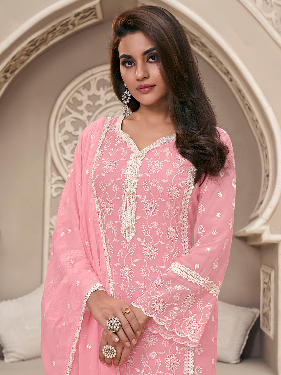 Pink Organza Fabric with Shiffli work Kurta Suit Set Product vendor