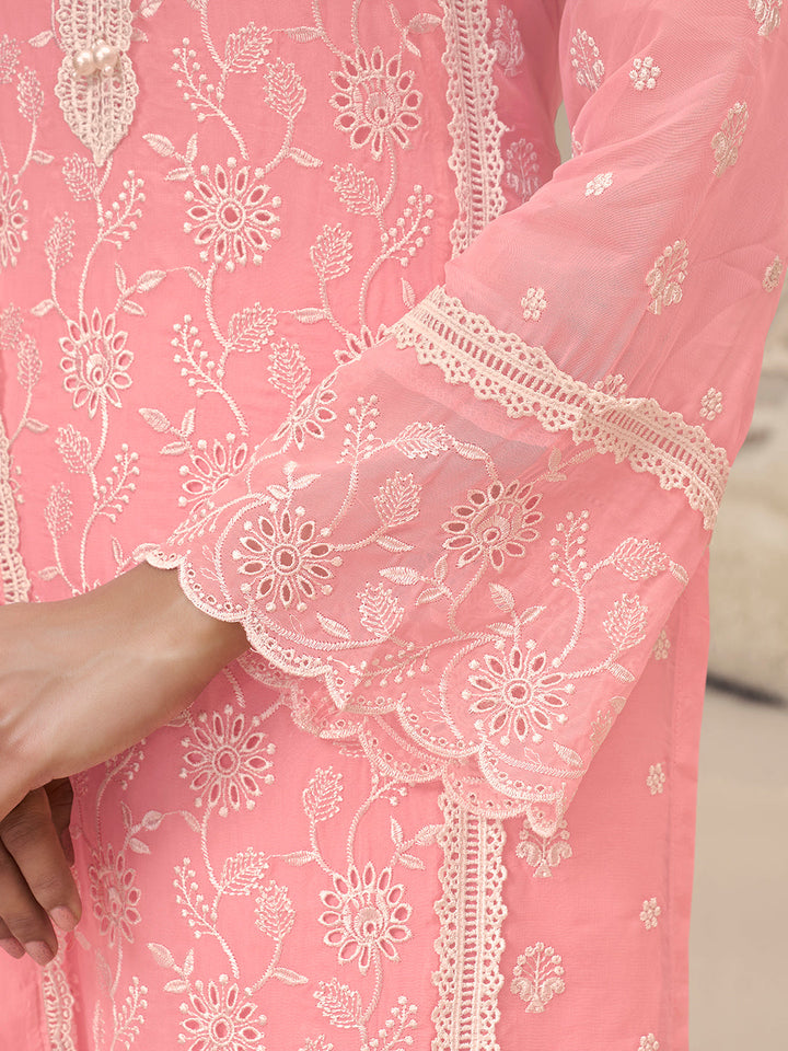 Pink Organza Fabric with Shiffli work Kurta Suit Set Product vendor