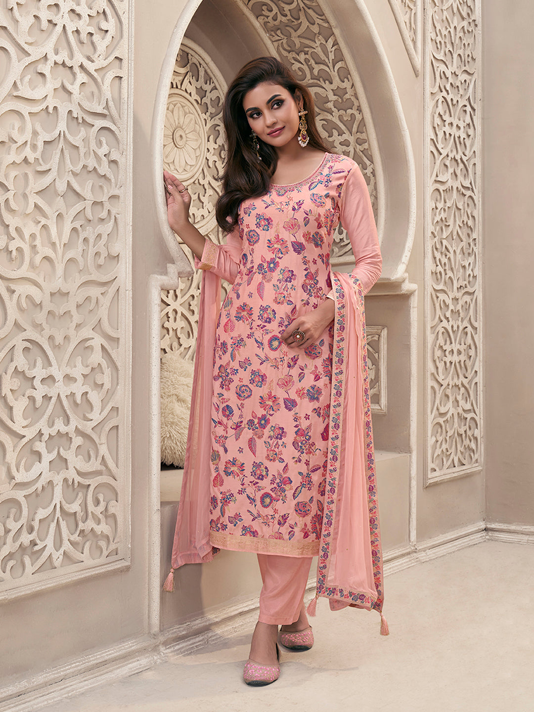 Pink Meena Jacquard Colour Floral Kurta Suit Set Product vendor