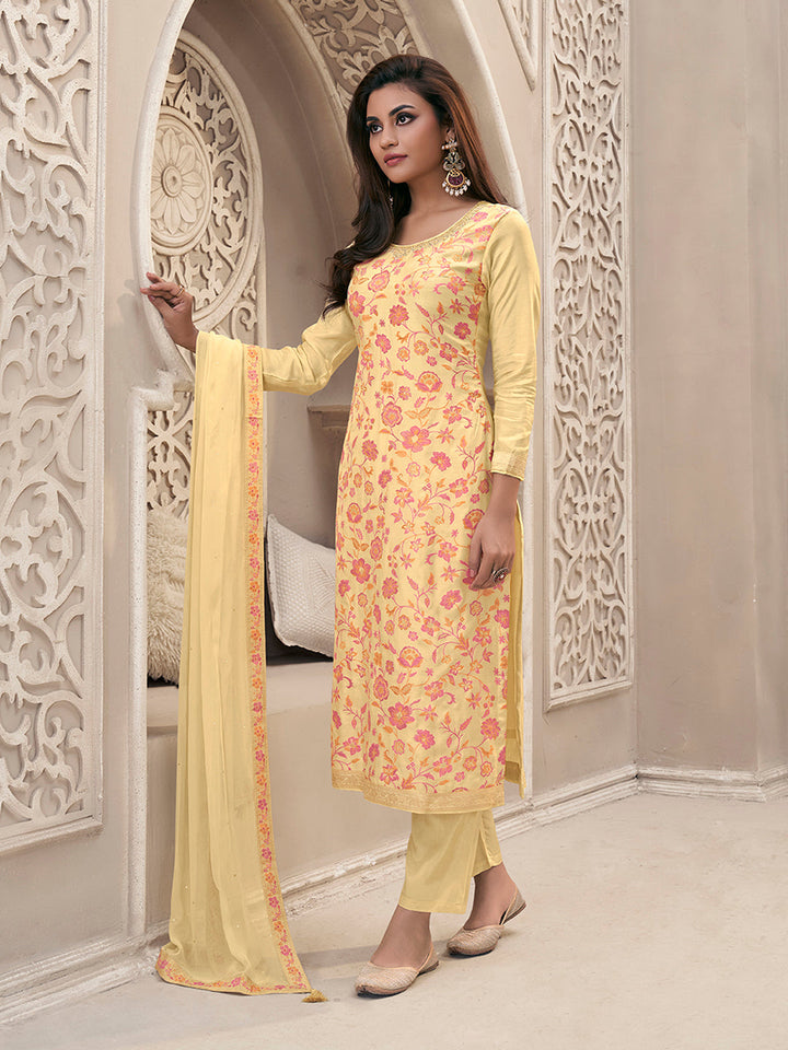 Yellow Meena Jacquard Colour Floral Kurta Suit Set Product vendor