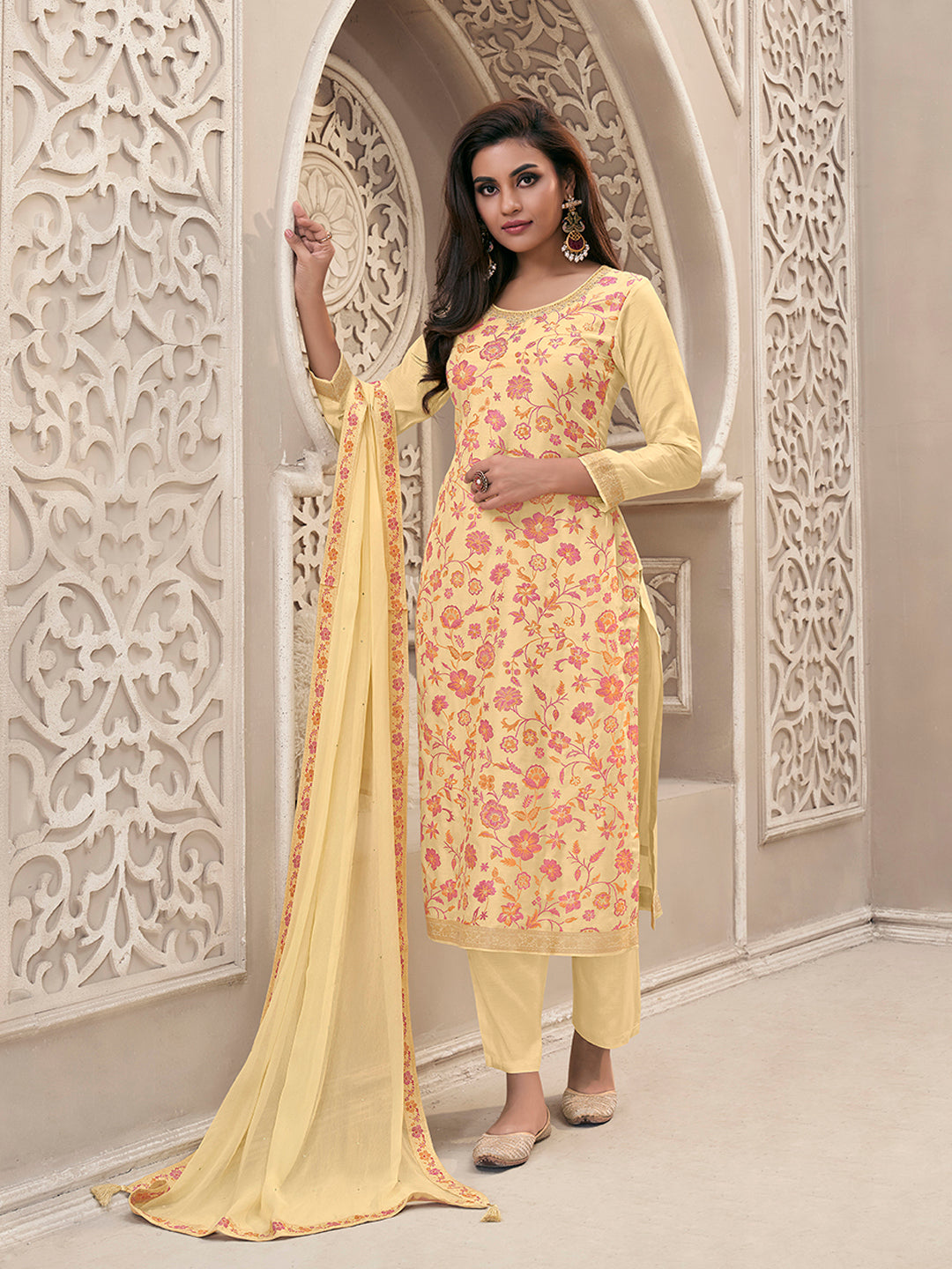 Yellow Meena Jacquard Colour Floral Kurta Suit Set Product vendor