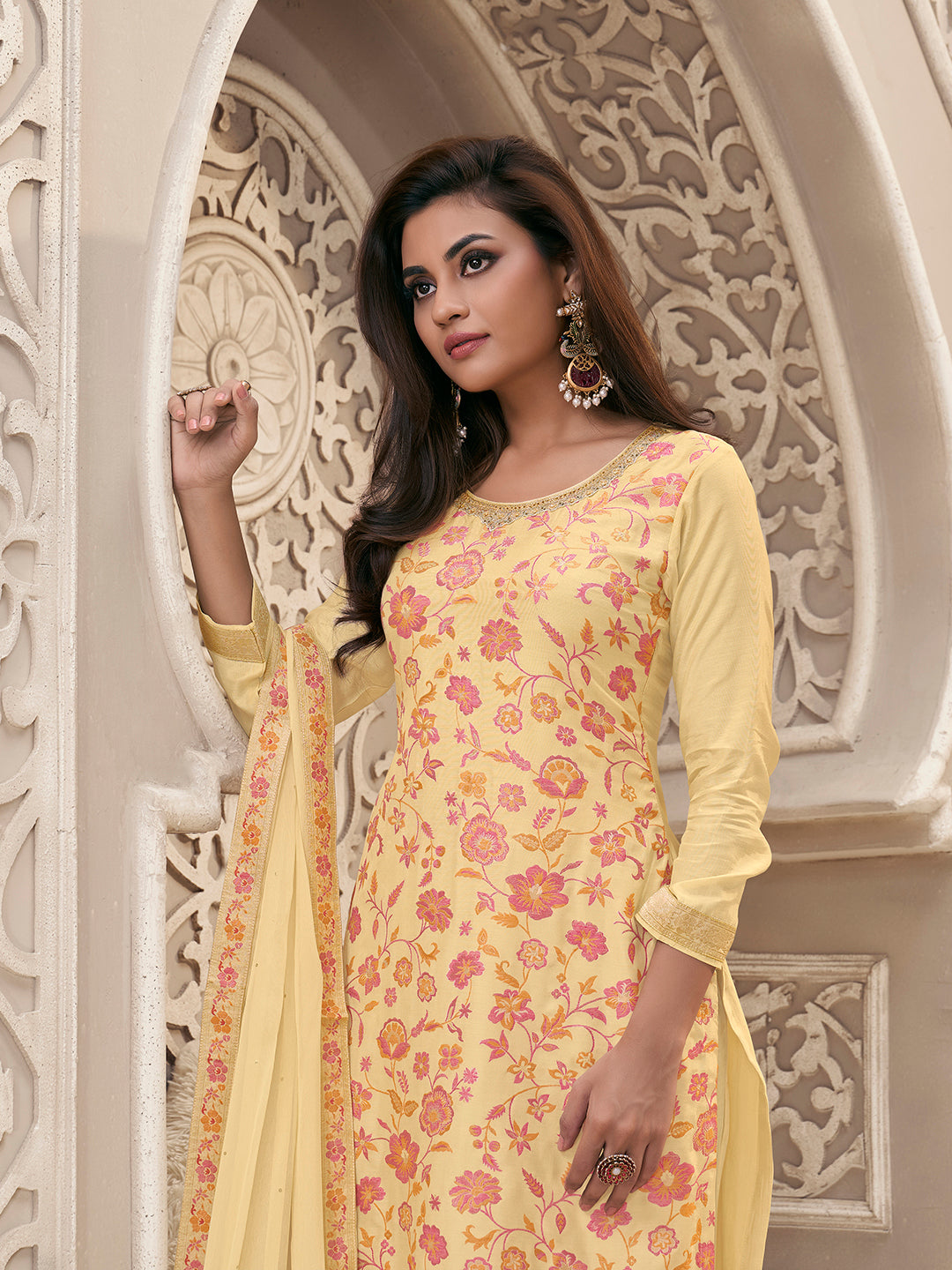 Yellow Meena Jacquard Colour Floral Kurta Suit Set Product vendor