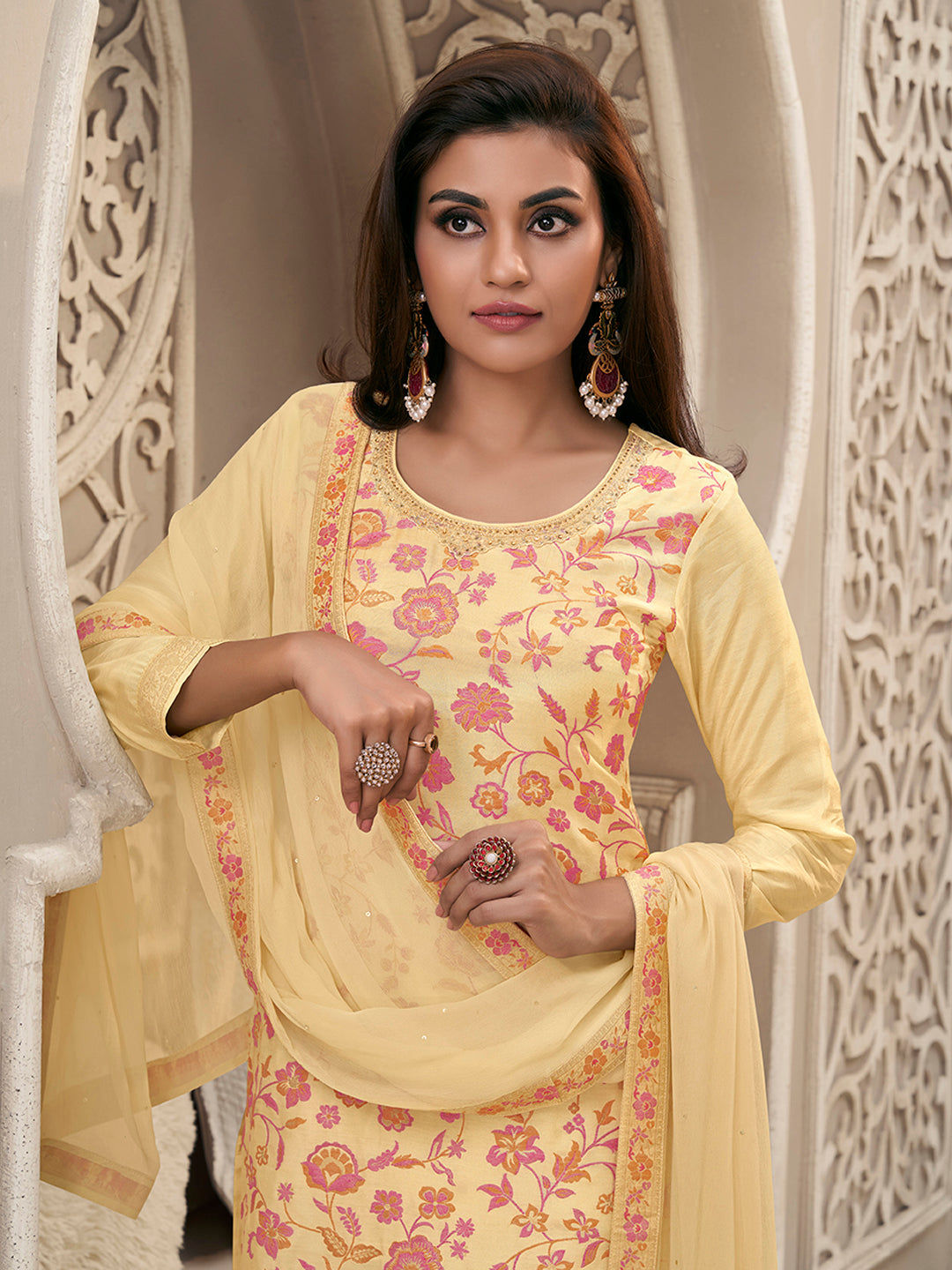 Yellow Meena Jacquard Colour Floral Kurta Suit Set Product vendor