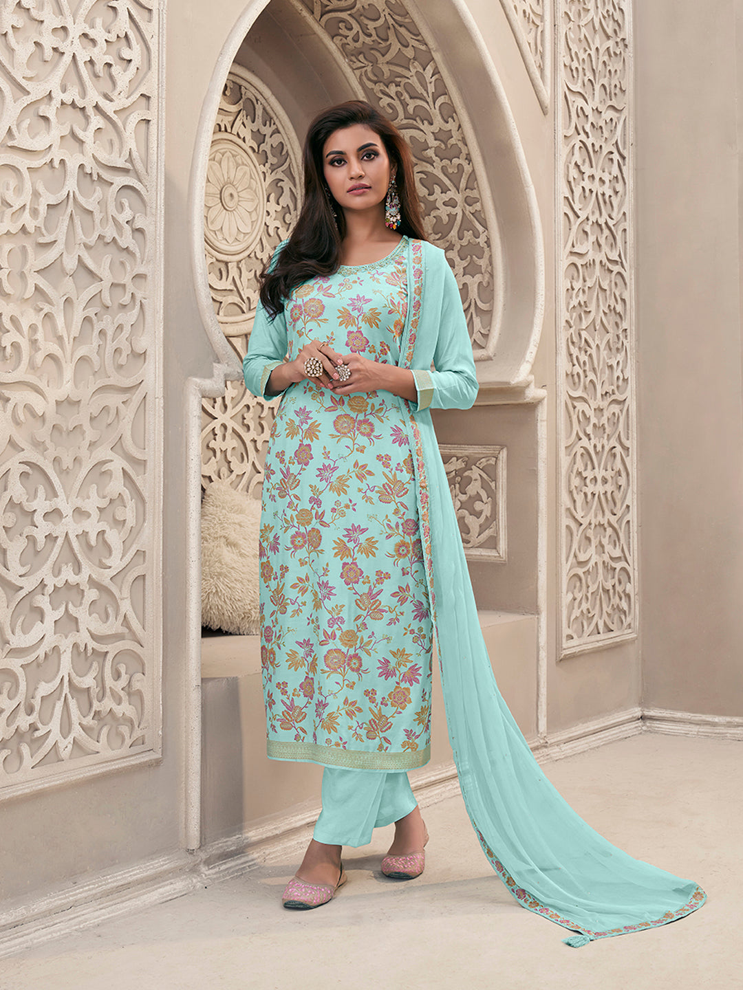 Blue Meena Jacquard Colour Floral Kurta Suit Set Product vendor