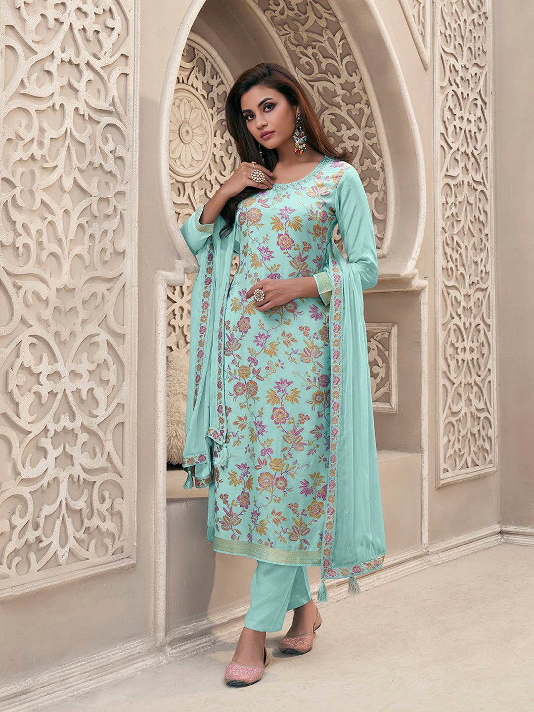 Blue Meena Jacquard Colour Floral Kurta Suit Set Product vendor