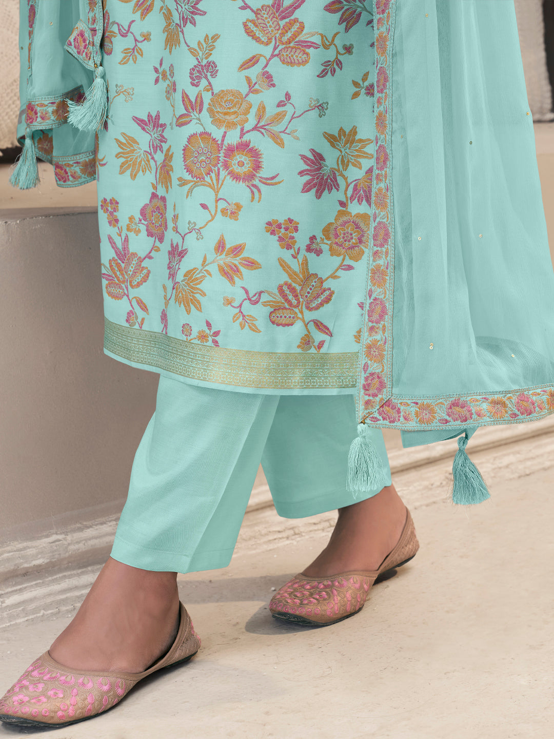 Blue Meena Jacquard Colour Floral Kurta Suit Set Product vendor