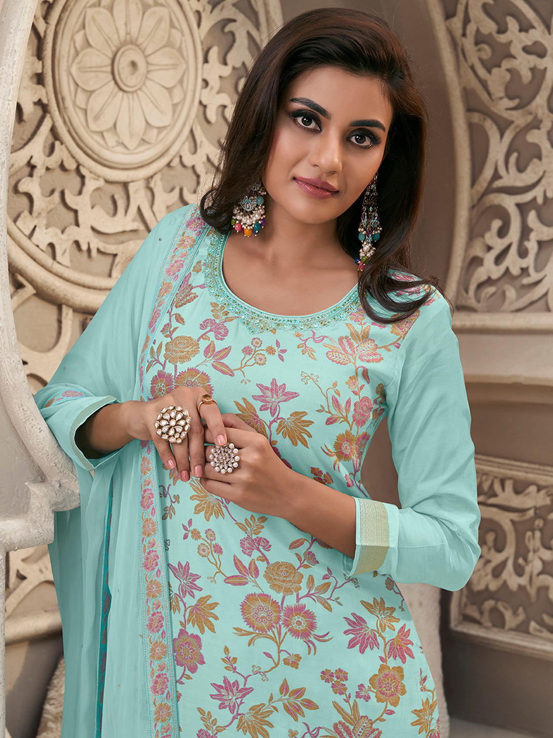 Blue Meena Jacquard Colour Floral Kurta Suit Set Product vendor