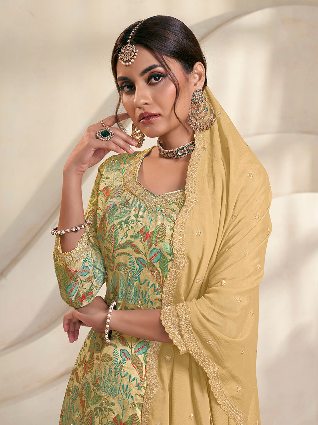 Yellow Chinon Digital Floral Printed Sharara Suit Set Product vendor