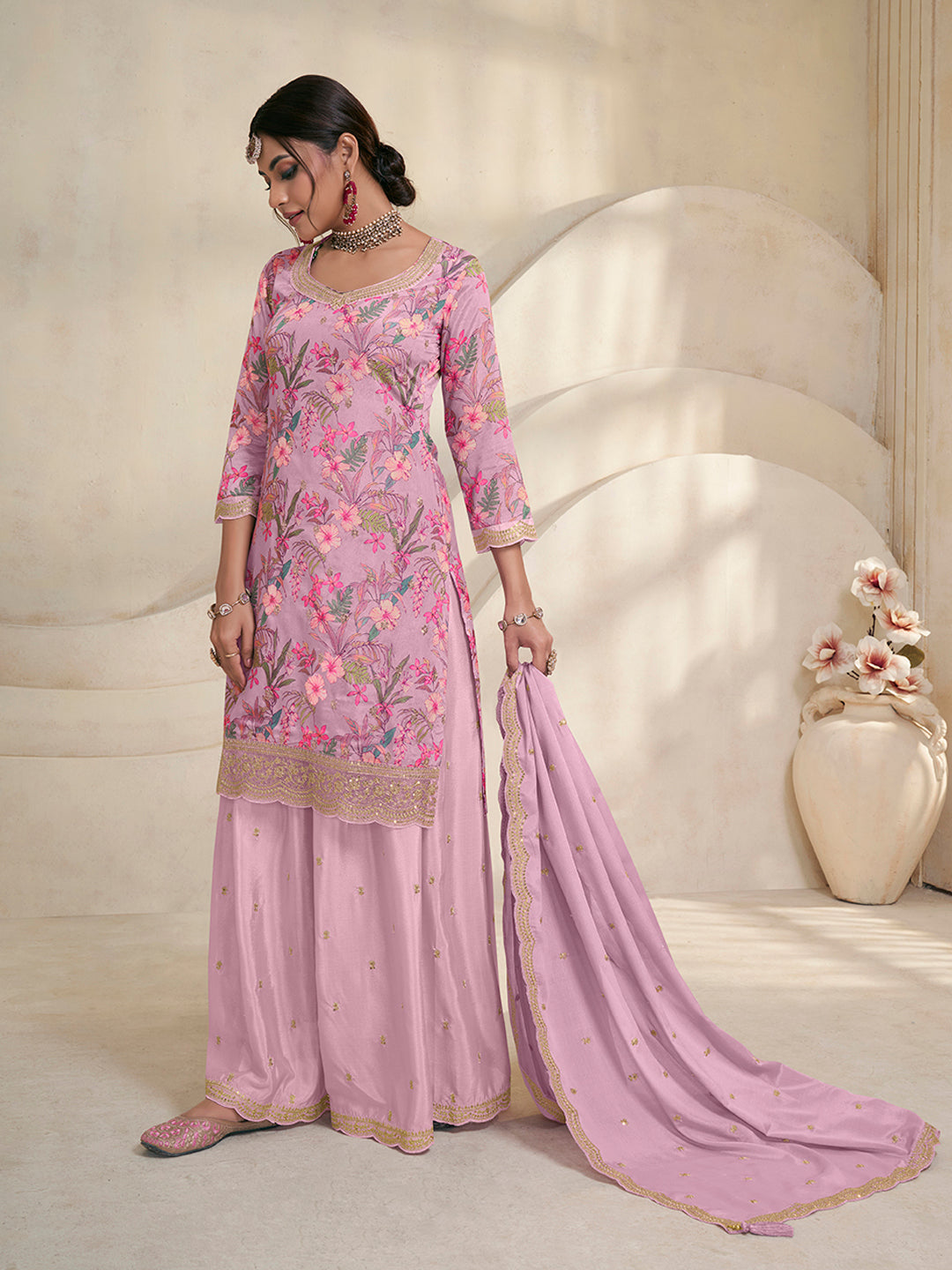 Pink Chinon Digital Floral Printed Sharara Suit Set Product vendor