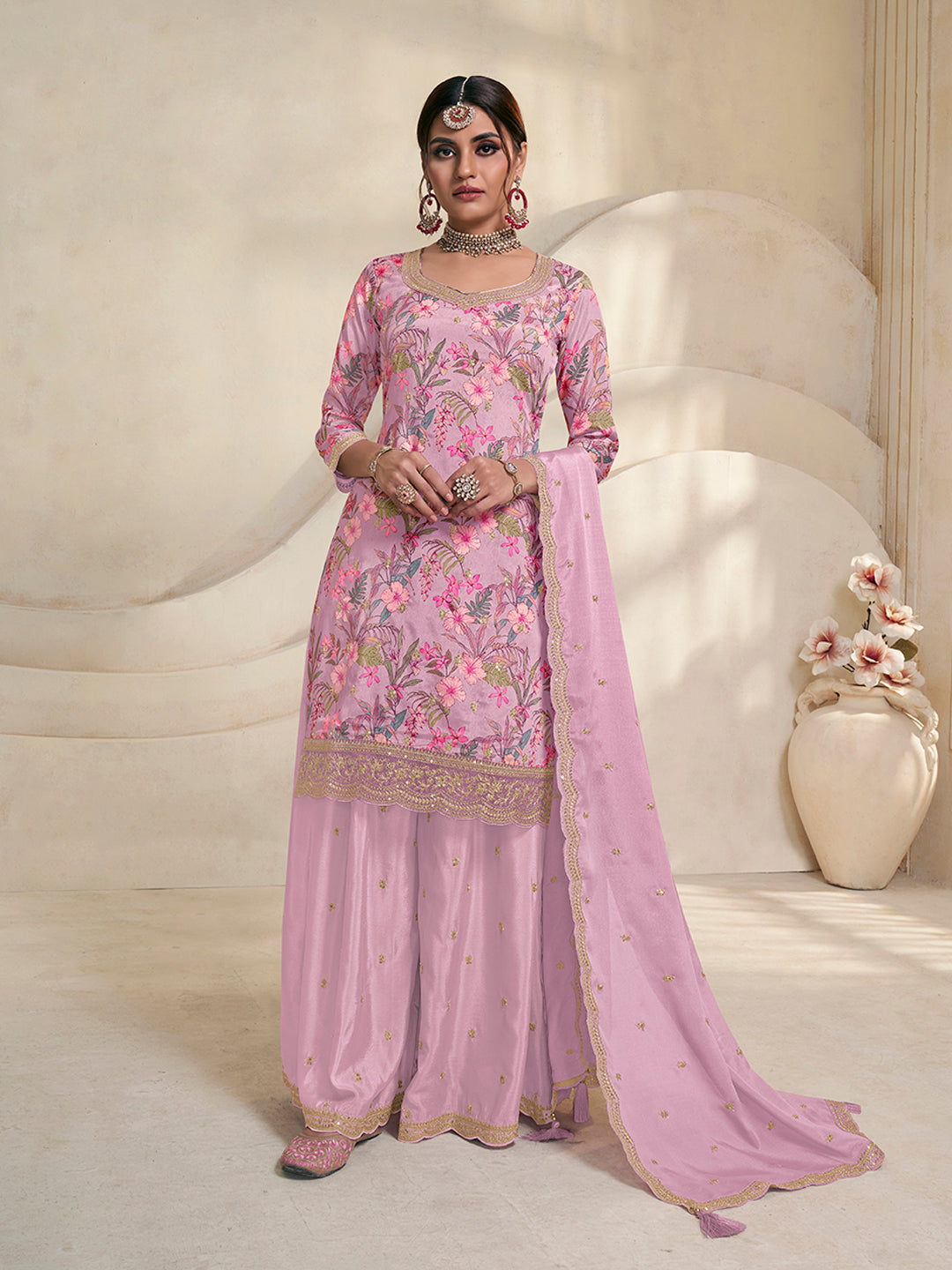 Pink Chinon Digital Floral Printed Sharara Suit Set Product vendor