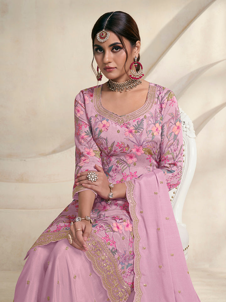 Pink Chinon Digital Floral Printed Sharara Suit Set Product vendor