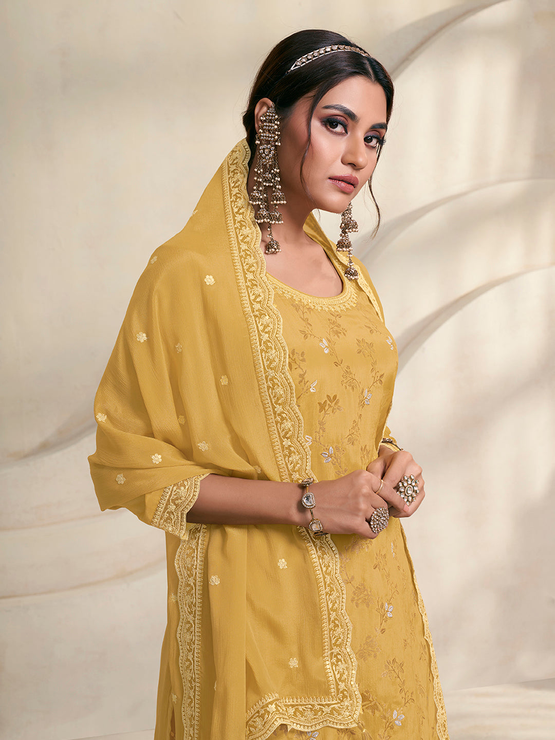 Yellow Jacquard Embroidered Sharara Suit Set Product vendor
