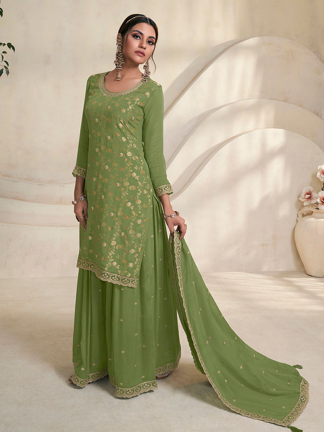 Green Jacquard Embroidered Sharara Suit Set Product vendor