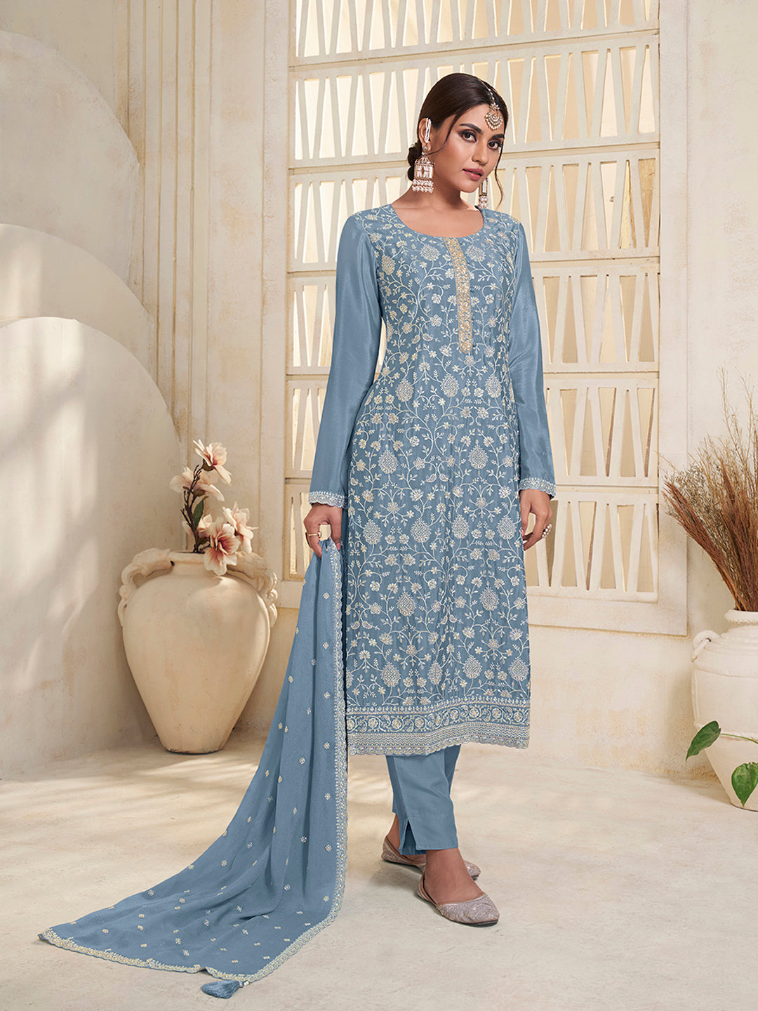 Blue White Thread Embroidered Kurta Suit Set Product vendor