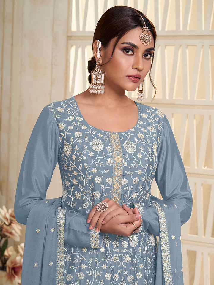 Blue White Thread Embroidered Kurta Suit Set Product vendor