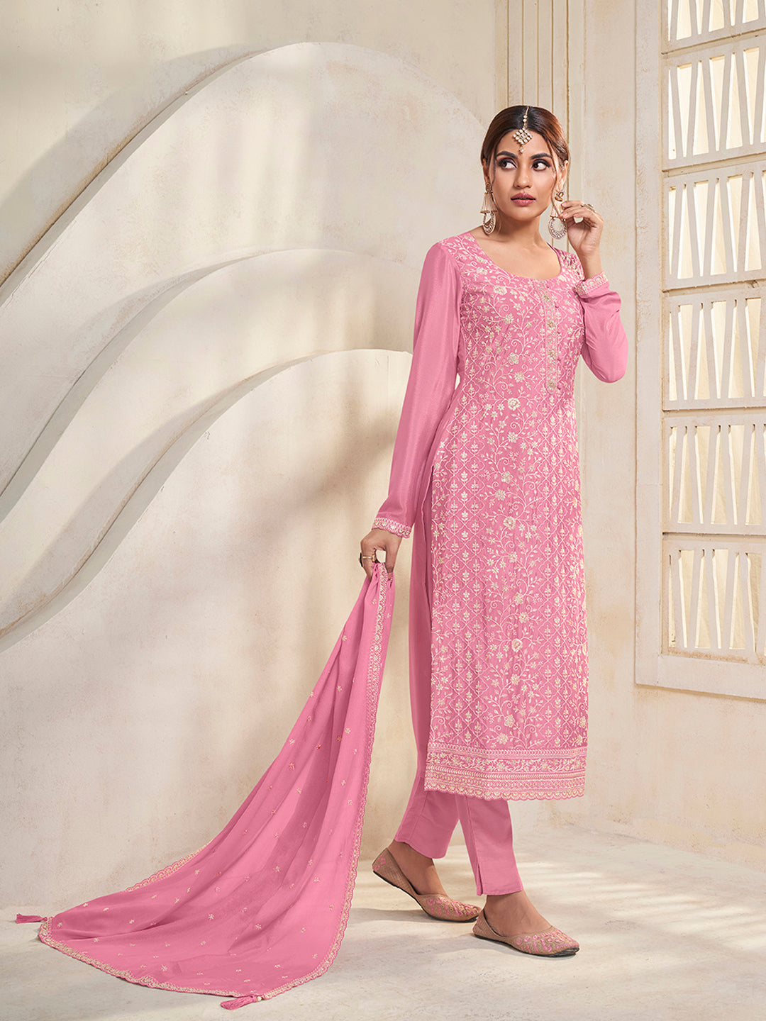 Pink White Thread Embroidered Kurta Suit Set Product vendor