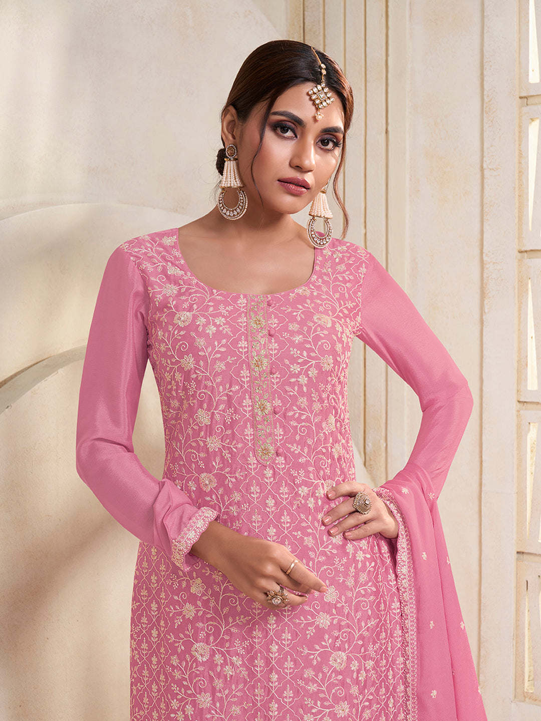 Pink White Thread Embroidered Kurta Suit Set Product vendor