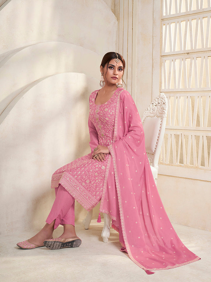 Pink White Thread Embroidered Kurta Suit Set Product vendor