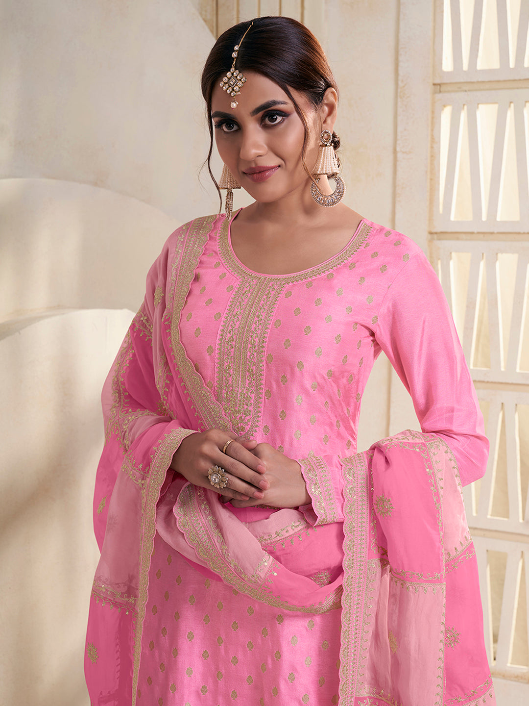 Pink Dola Jacquard with Heavy Sequins Embroidery Kurta Suit set