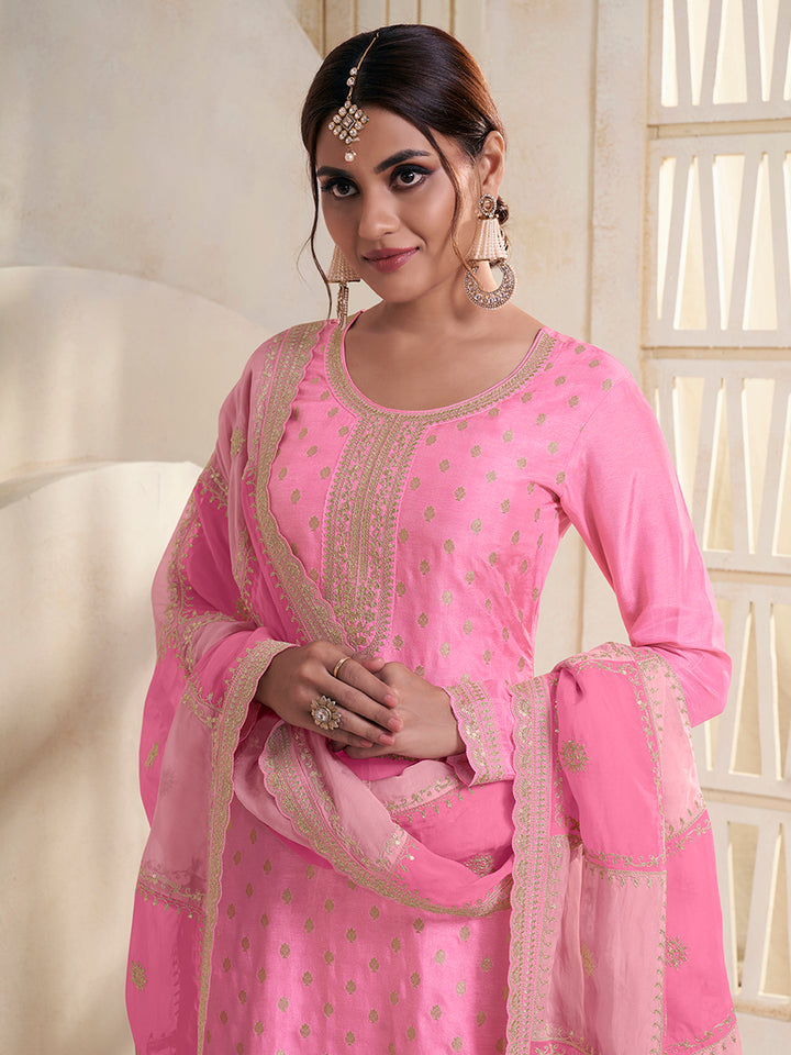 Pink Dola Jacquard with Heavy Sequins Embroidery Kurta Suit set