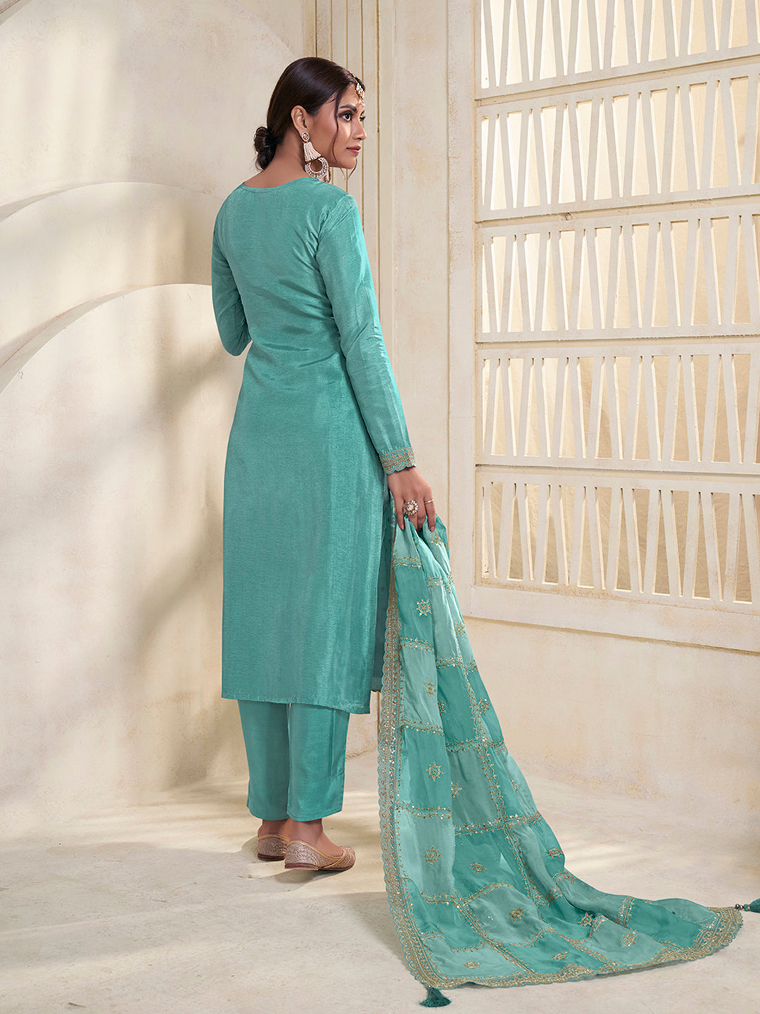 Sea Green Dola Jacquard with Heavy Sequins Embroidery Kurta Suit set