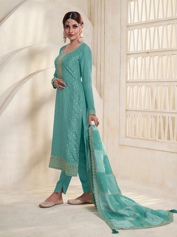 Sea Green Dola Jacquard with Heavy Sequins Embroidery Kurta Suit set