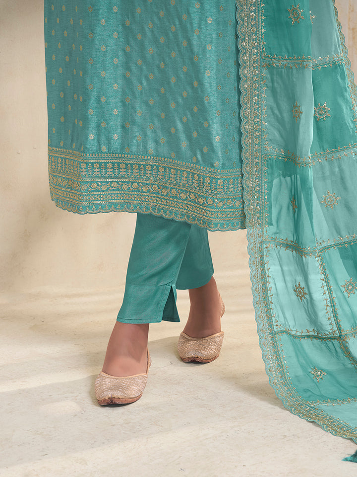 Sea Green Dola Jacquard with Heavy Sequins Embroidery Kurta Suit set