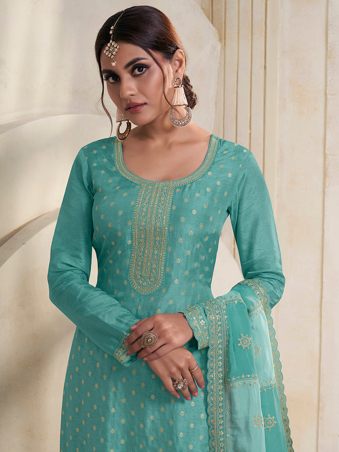 Sea Green Dola Jacquard with Heavy Sequins Embroidery Kurta Suit set